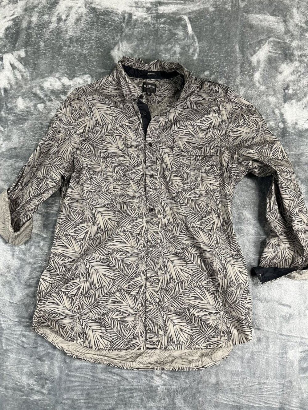 Guess Mens Black & Gray Palm Leaf Print Slim Fit Button-Up Shirt XL